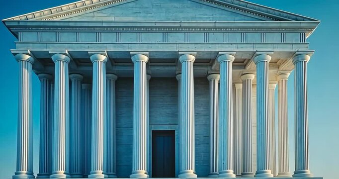 Majestic ancient temple with white columns under a clear blue sky. The camera zooms in slowly.