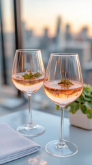 Obraz premium Elegant glasses of rose wine with garnish at sunset