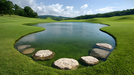 Serene golf course pond, rolling hills background, peaceful landscape, ideal for relaxation and tourism