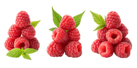 Stack of fresh raspberries with water droplets, healthy red berries, Cut Out