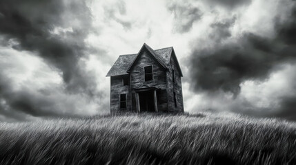 Abandoned farmhouse decaying on hill under stormy sky in black and white