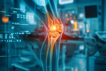 X ray of a knee highlighting bones and ligaments, displayed on a futuristic transparent screen inside a medical facility