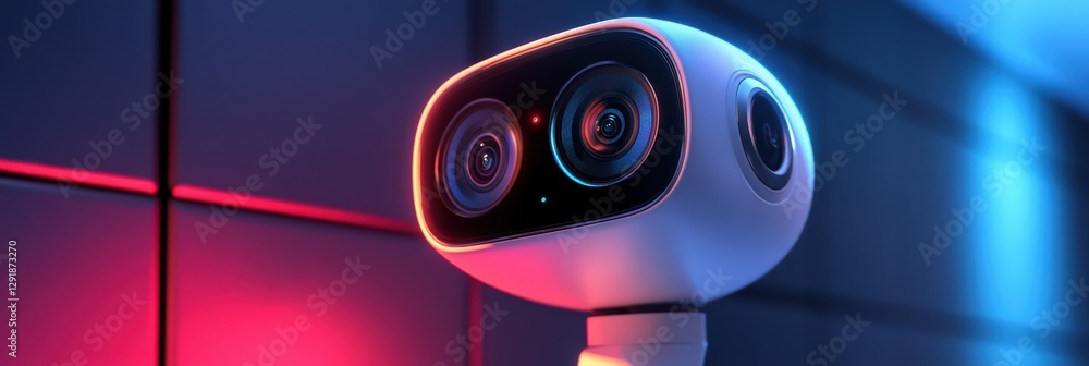 Aufkleber video camera with motion detection features in a modern environment illuminated by neon lights