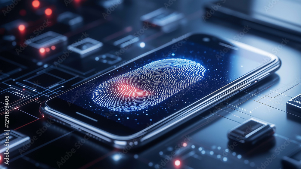 Poster digital fingerprint on smartphone screen with circuit design