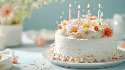Delicious birthday cake with flowers and candles