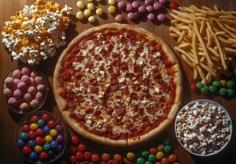 Delicious Pizza Surrounded by Colorful Snacks Including Candy, Popcorn, Fries, and Sweets for a Perfect Movie Night Celebration