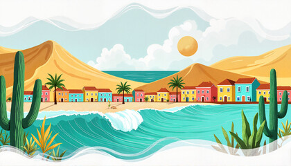 Fototapeta premium Vibrant Aruba landscape with cacti and ocean waves, tropical bliss