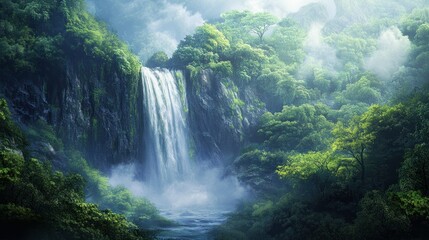 Fototapeta premium Majestic waterfall cascading down misty mountain in lush green jungle
