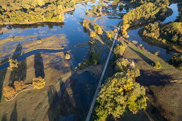 Sunset landscape flood lake river water reflection meadow autumn aerial drone view trees shadows protected area Soutok Lanžhot Břeclav Czech Republic