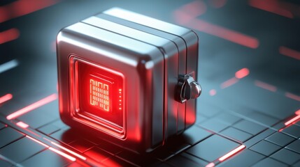 3D rendered high tech security safe with a glowing red numeric passcode, sleek metallic texture, soft reflective lighting, futuristic encrypted interface