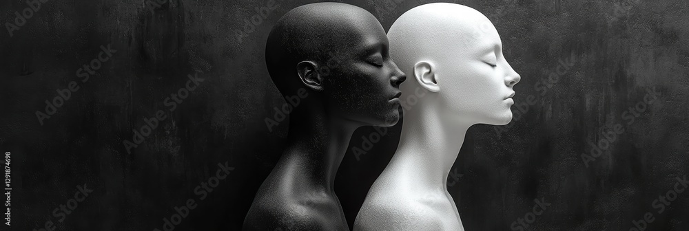 Poster figures in contrast depict unity and diversity through texture and form in monochrome style