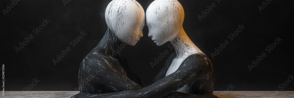 Poster figures in black and white embrace in a minimalist artistic expression of unity and contrast