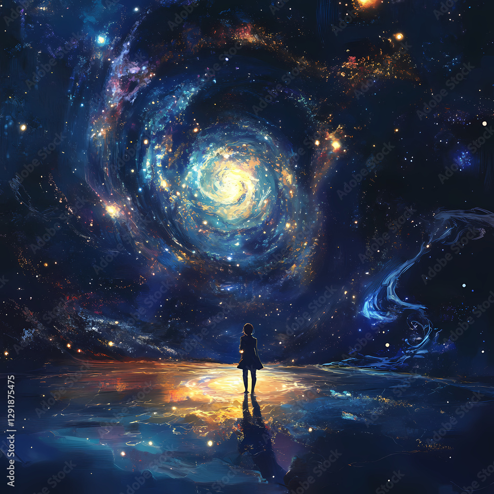 Poster exploring the vast cosmos while standing on a luminous planet surface. generative ai
