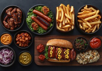 Delicious selection of grilled meats and vibrant sides on a rustic wooden board showcasing a feast ideal for summer gatherings and outdoor parties