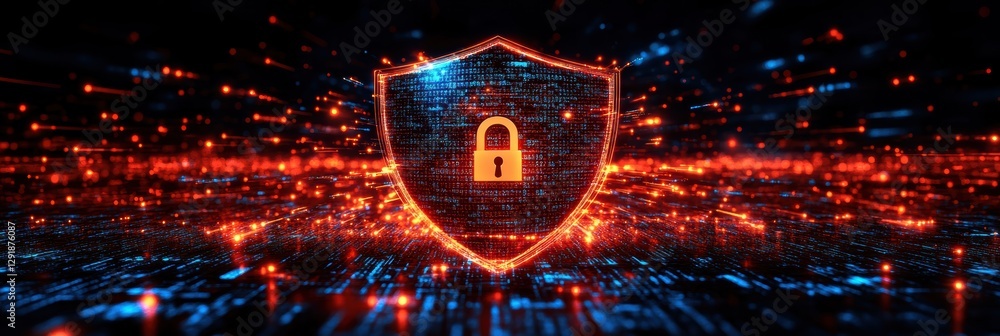 Poster digital code flows through a protective shield symbolizing cybersecurity and data safety
