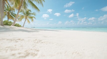 Obraz premium Tropical beach, palm trees, clear sky, ocean background; travel brochure