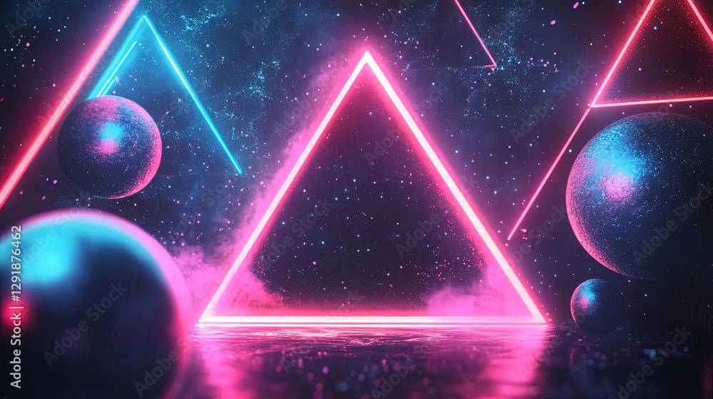 Poster abstract sci-fi background with neon triangles and chrome spheres, 80s retro vibes
