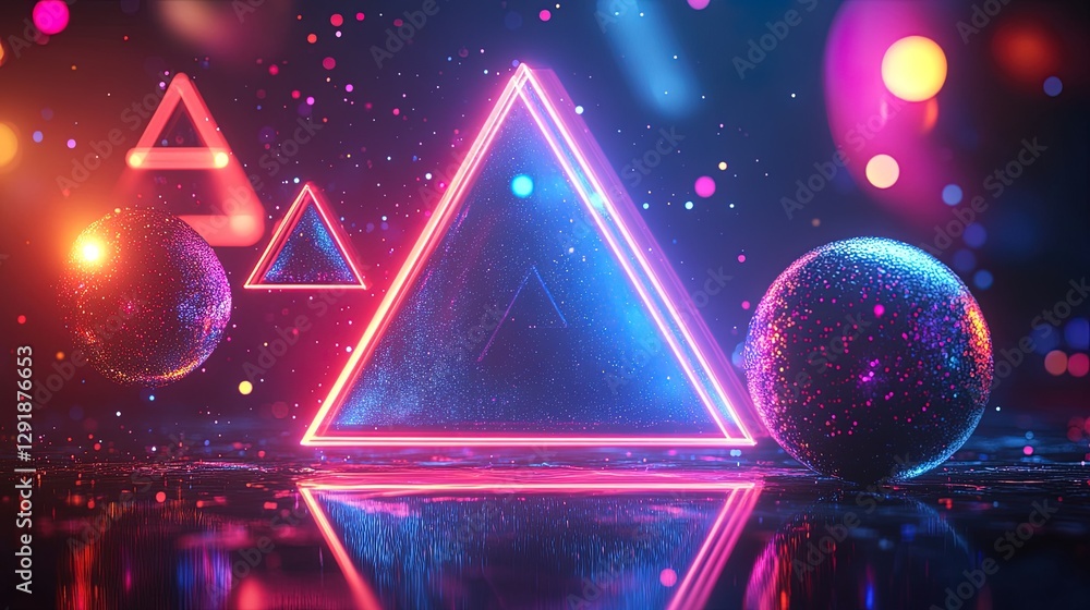Poster abstract sci-fi background with neon triangles and chrome spheres, 80s retro vibes