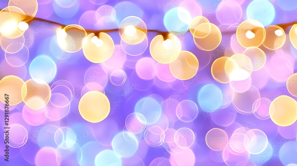 Poster abstract purple and pink bokeh background with glowing string lights