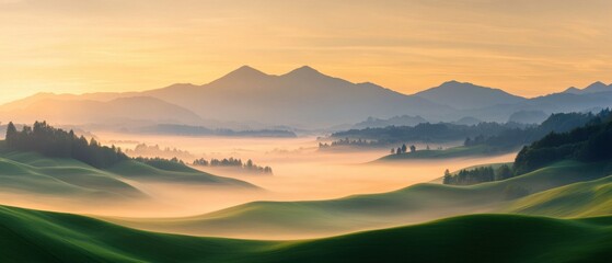 Fototapeta premium Breathtaking sunrise over rolling hills mountain landscape nature serene environment wide-angle view tranquility