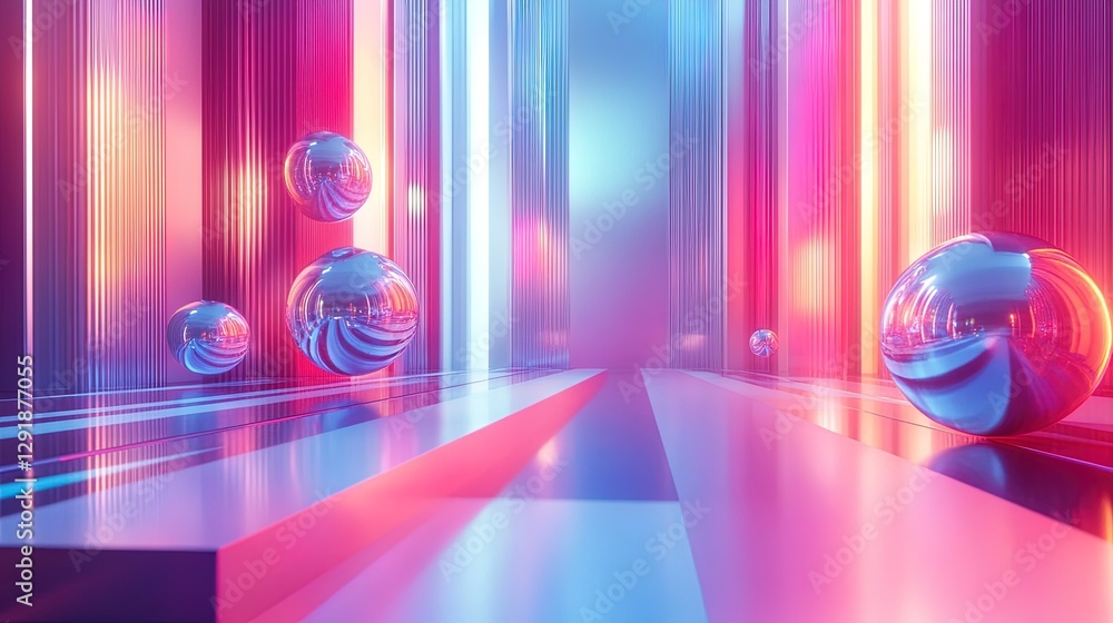 Poster abstract scene with floating chrome shapes and neon geometric patterns, futuristic 80s vibe