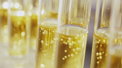Golden liquid in glass test tubes with bubbles highlighting a scientific experiment in a laboratory setting during daytime