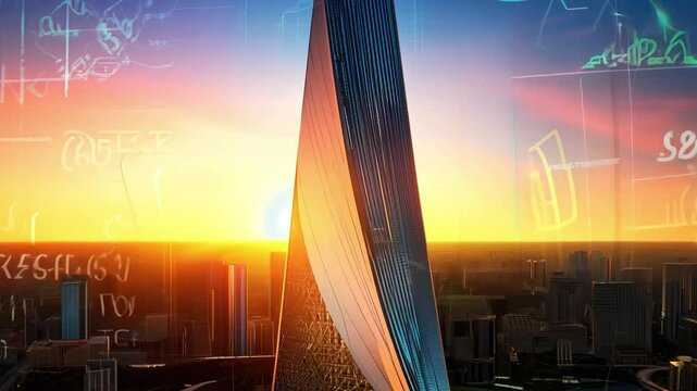 A modern futuristic skyscraper with a digital data overlay, showcasing innovation and technology in a cityscape during sunset.
