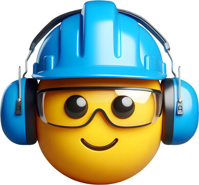 3d emoji with safety helmet, goggles, and earmuffs representing construction safety
