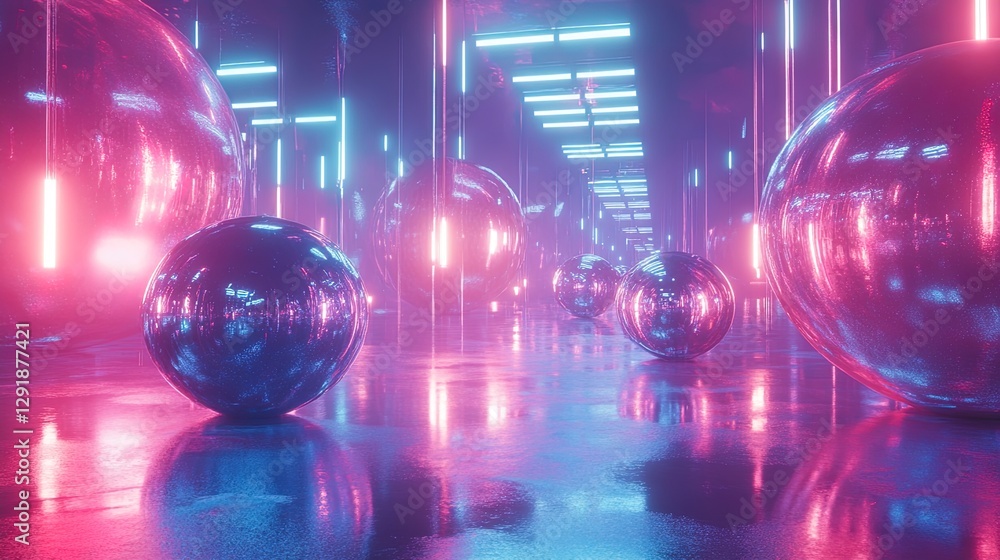 Poster abstract neon shapes and chrome spheres floating in a futuristic 80s-inspired space