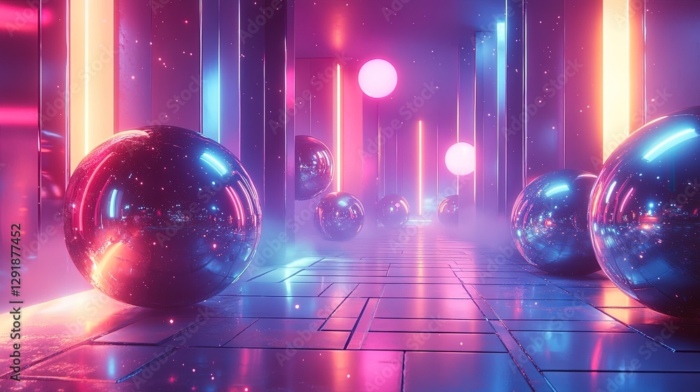 Poster abstract neon shapes and chrome spheres floating in a futuristic 80s-inspired space