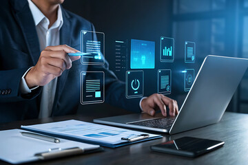 "Businessman Using Futuristic Virtual Interface for Data Analysis and Management"