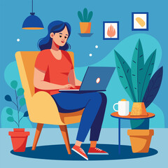 a girl is using his laptop vector