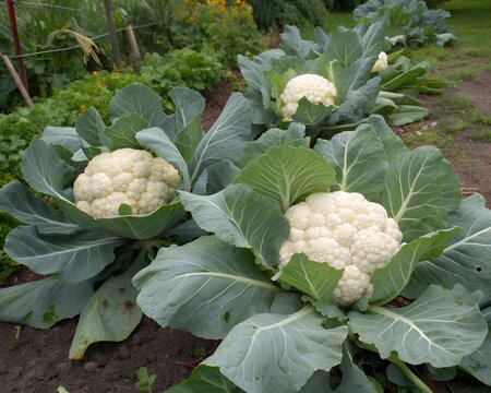  A garden with multiple heads of cauliflower growing in the soil.