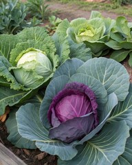 Fototapeta premium A garden with different varieties of cabbage growing, including a striking purple one.