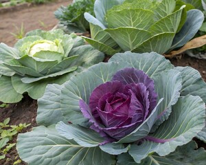 Obraz premium A garden with different varieties of cabbage growing, including a striking purple one.