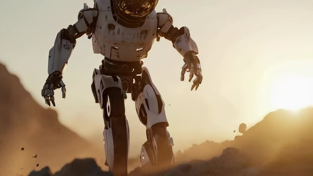 Humanoid robot navigating desolate desert landscape, glowing eyes scanning barren horizon during vibrant sunset, embodying futuristic exploration and technological innovation