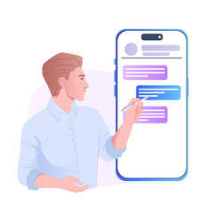 Man using smartphone chat app. Vector illustration