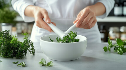 White ceramic mortar and pestle on a clean countertop in a modern pharmacy symbolizes precision, purity, and the art of compounding medicine, representing healthcare, tradition, and scientific care.

