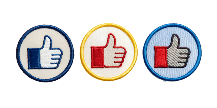 Thumbs up emoji embroidered patch badge, cheerful iron-on emblem, Cut Out