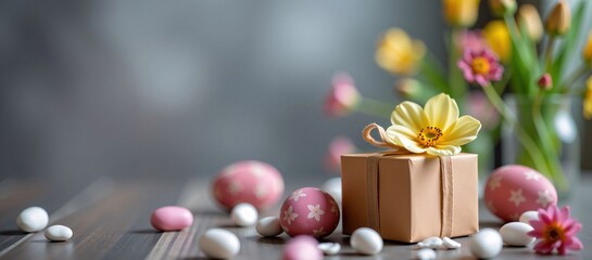 Easter Gift with Tulips and Eggs on Table