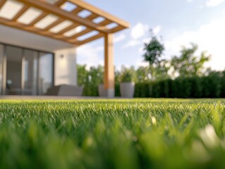 Obraz premium Close-up of a lawn, modern house and backyard