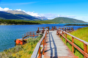 Puerto Arias pontoon on the shores of Lapataia Bay in the Tierra del Fuego National Park near Ushuaia in the southernmost point of Argentina, South America