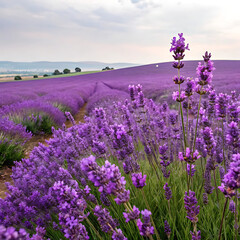 Obraz premium Fields of Purple: A Picturesque and Tranquil View of a Lavender Field in Full Bloom, with Winding Rows of Purple Flowers Leading to Rolling Hills. 