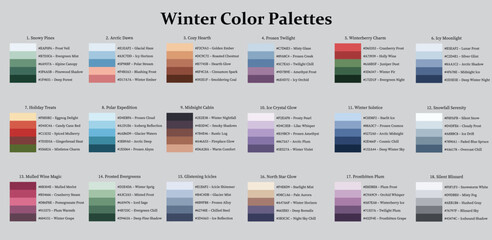 Color Palettes 18x5 Swatches Winter Season - Cool, Warm, Neutral, Mix Colors - with HEX Codes and Names, Colour Scheme and Combinations