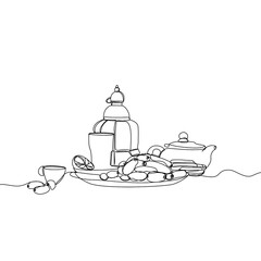 Lantern, teapot, cup and fast breaking dish for iftar with ramadan kareem in one single continuous line drawing style. Ramadan kareem and Eid Mubarak concept.