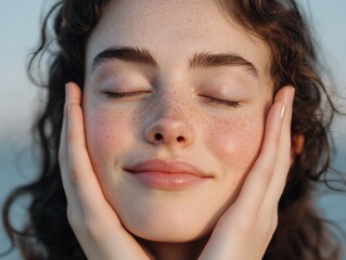 Fototapeta premium Woman with Freckles Touching Her Face