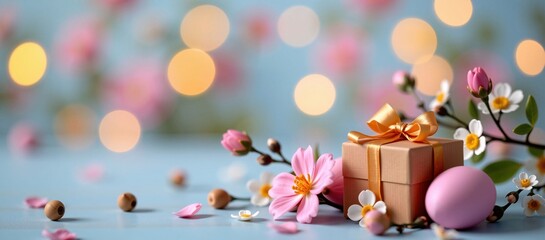 Easter gift, egg and flowers on light blue background with bokeh