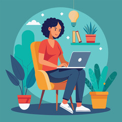 a girl is using his laptop vector