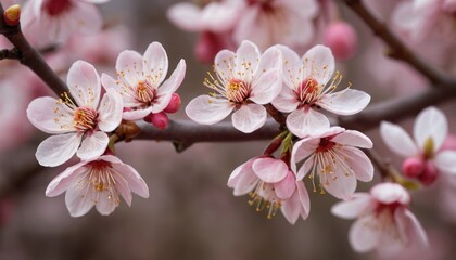 Obraz premium Close up beautiful cherry blossom tree in full bloom during spring