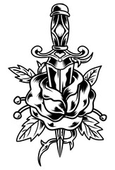 Black and white rose and sword tattoo design with transparent background